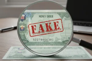 Lupa que muestra un giro postal falso marcado en rojo