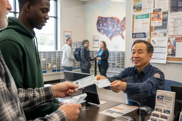 Hombre entregando dos giros postales al cajero