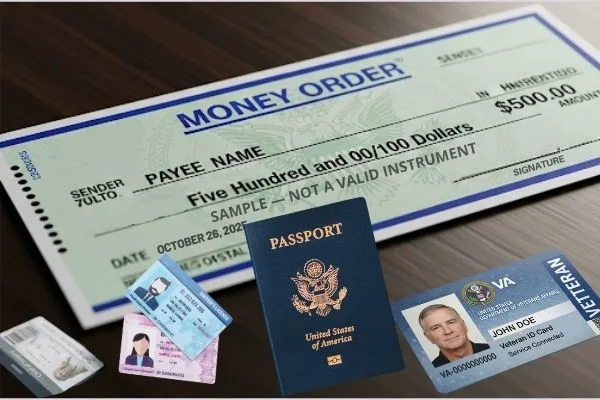 Pasaporte, identificación y giro postal para cambio de cheques