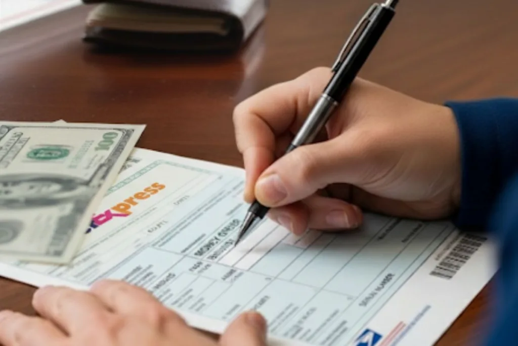 Persona que llena un formulario de giro postal con efectivo