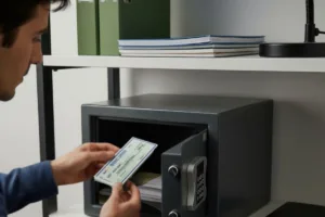 Persona que coloca un giro postal en una caja fuerte
