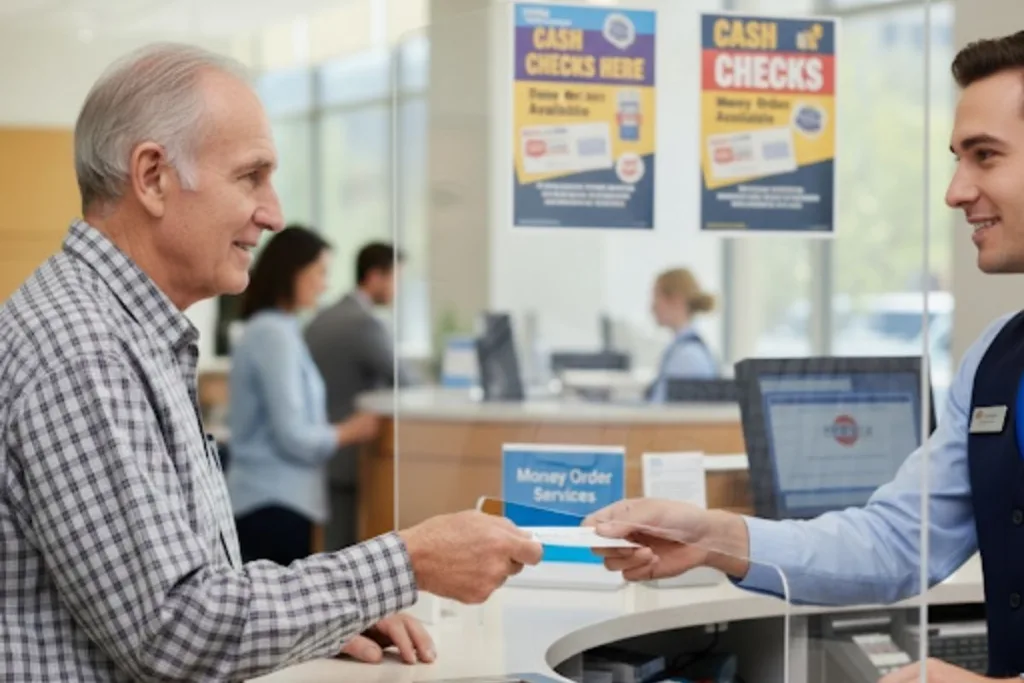 Un hombre mayor visita un servicio de cambio de cheques para cobrar un cheque de pensión