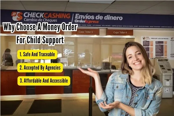 Smiling woman promoting money order for child support
