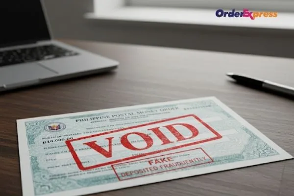 Giro postal anulado colocado en el escritorio cerca de la computadora portátil