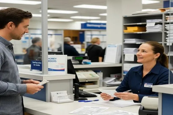 Cliente comprando una orden de pago en el mostrador de la oficina de correos 
