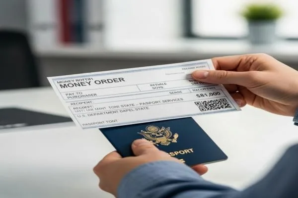 Persona con orden de pago y documento de pasaporte 
