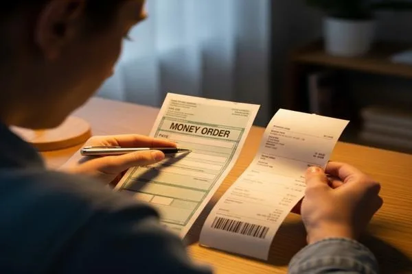 Persona verificando los detalles del recibo del giro postal para su rastreo
