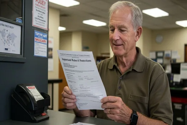 Man reading money order rules and protections document