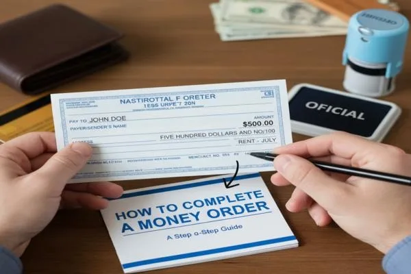 Persona que completa un formulario para completar un giro postal 