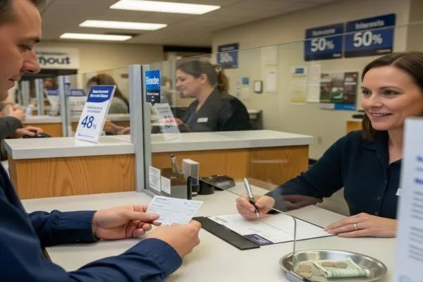 Financial Provider teller assisting customer with check cashing decision
