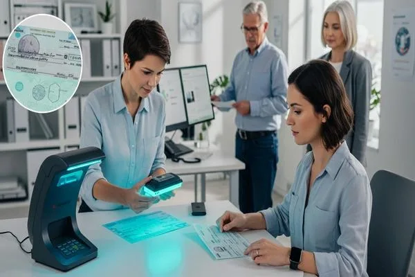 Bank employee scanning checks for fraud prevention security