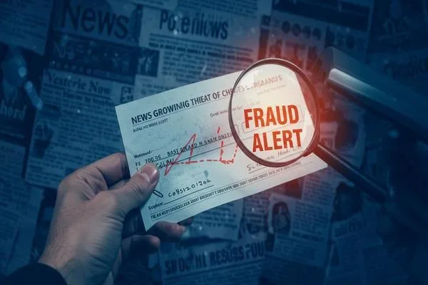 Lupa que muestra una alerta de fraude en un cheque falso 
