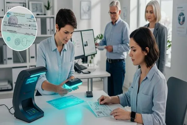 Empleado del banco escanea cheques para la seguridad de la prevención de fraudes 

