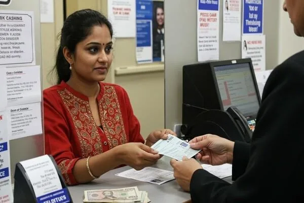 Teller verifying paper quality during check cashing
