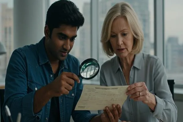 People verifying money order authenticity for protection
