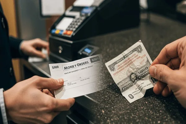 Hand holding money order showing pros and cons