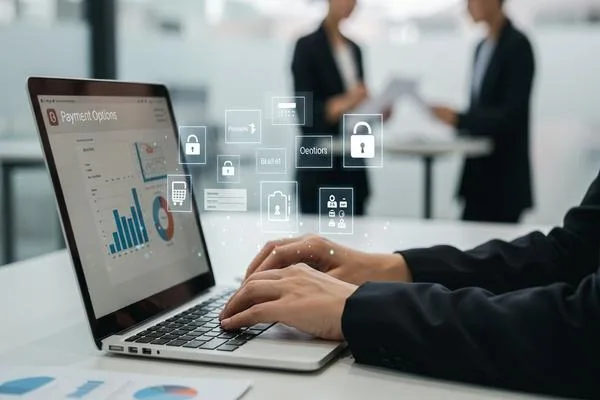Professional using laptop to review secure payment options
