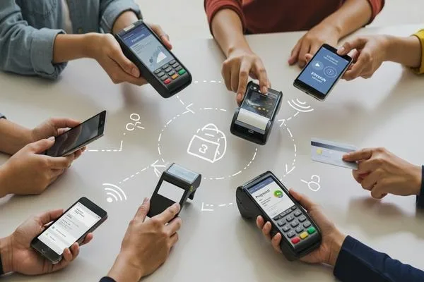 People using multiple devices to choose secure payment method
