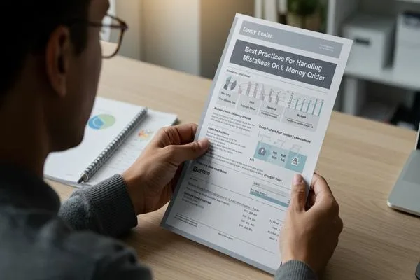 Person reviewing best practices for money order mistakes