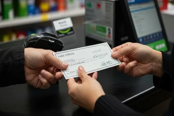 Persona inspeccionando un cheque de cerca para detectar un posible fraude