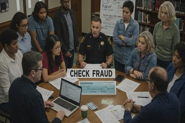 Reunión comunitaria para discutir formas de prevenir el fraude con cheques falsos