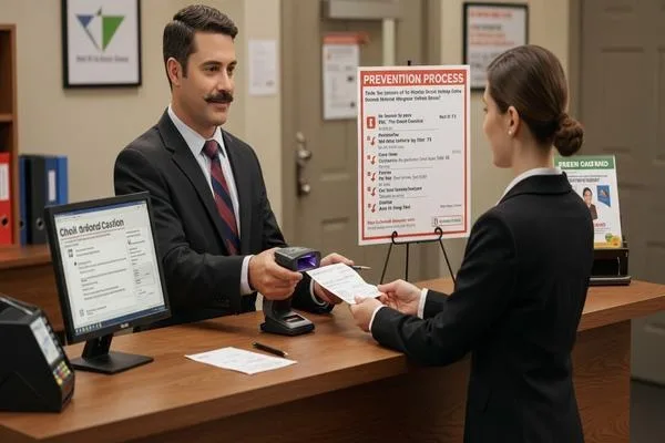 Cajero de banco orientando al cliente sobre cómo prevenir cheques no coincidentes
