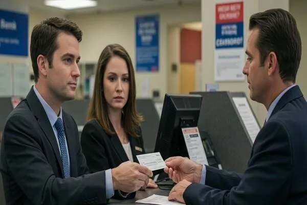 Personal del banco discutiendo riesgos de error en cobro de cheques no coincidentes 
