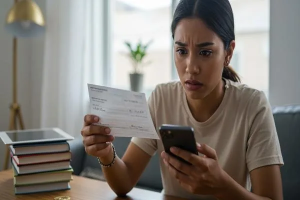 Mujer revisando cheques no coincidentes para prácticas de protección 
