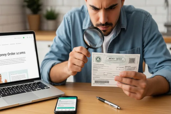 Man inspecting money order closely to avoid fraud
