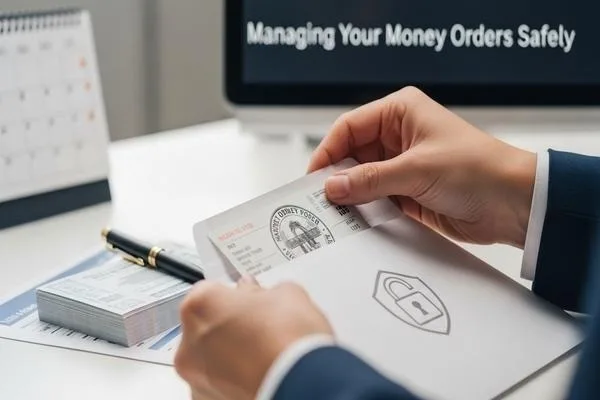 Manos que aseguran un giro postal dentro de un sobre de forma segura 
