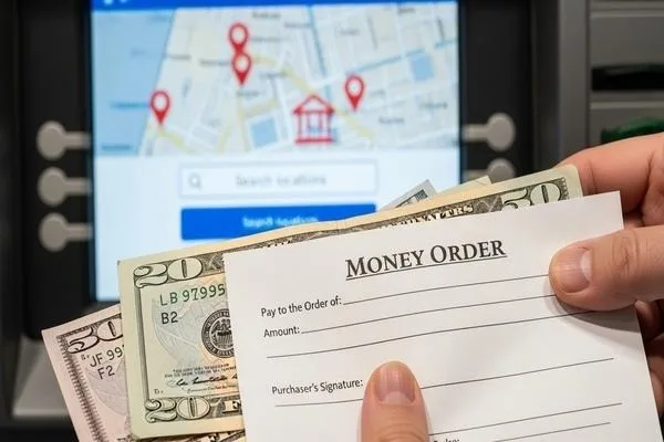 Persona que sostiene un giro postal y dinero en efectivo cerca del mapa de ubicación 
