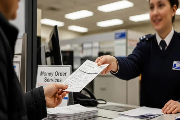 Customer handing money order at service counter safely