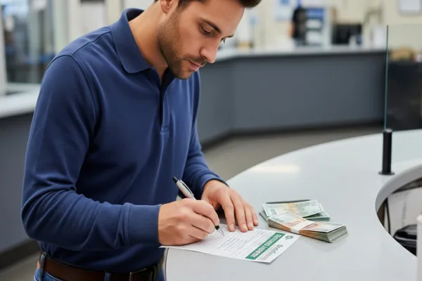 Man filling out money order form responsibly at counter