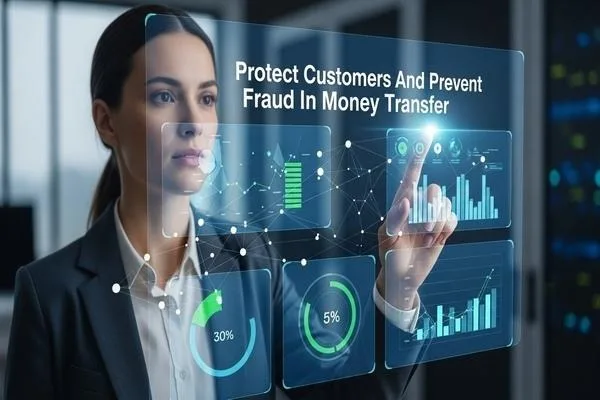 Business professional analyzing fraud prevention in money transfer