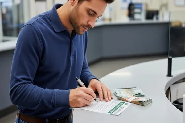 Hombre llenando un formulario de giro postal de manera responsable en el mostrador
