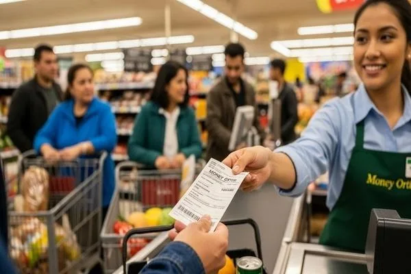 Cajero que entrega a un cliente un recibo de giro postal 