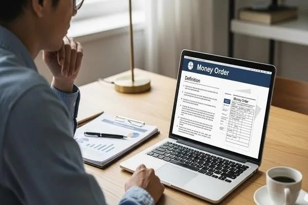Persona que estudia la definición de giro postal en la pantalla de una computadora portátil 