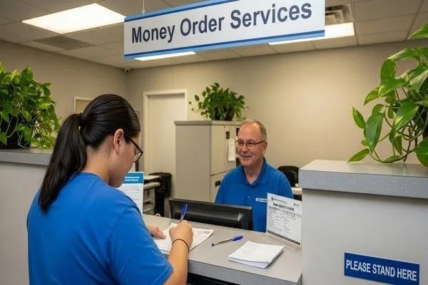 Cliente que utiliza servicios de giros postales en el mostrador de pago 
