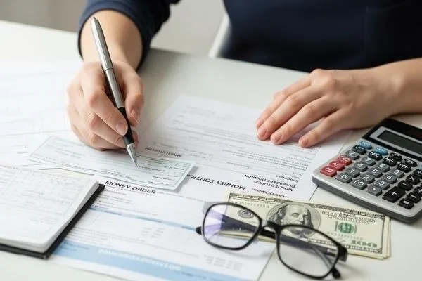 Persona completando formularios de giros postales y cheques 
