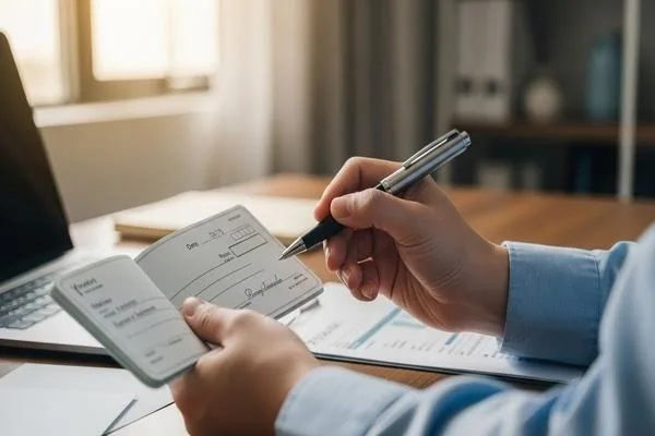 Persona que escribe un cheque para pago personal 
