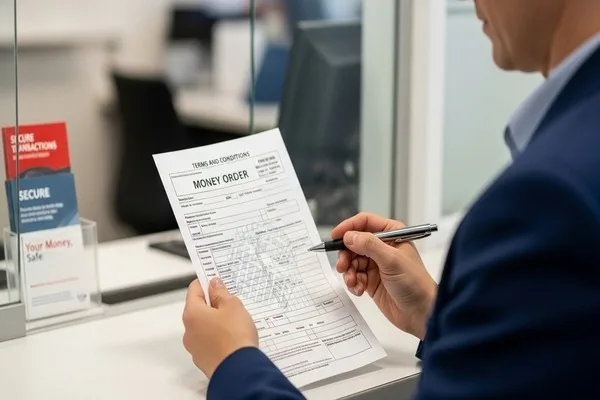 Customer verifying money order details for secure transaction
