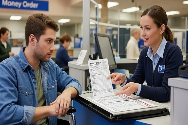 Customer receiving assistance while purchasing a money order