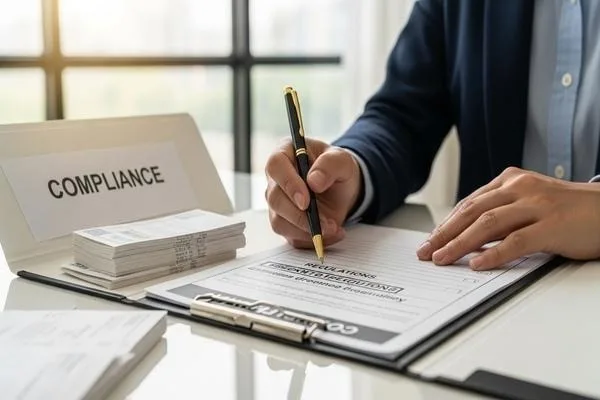 Businessperson completing compliance paperwork for Money Orders