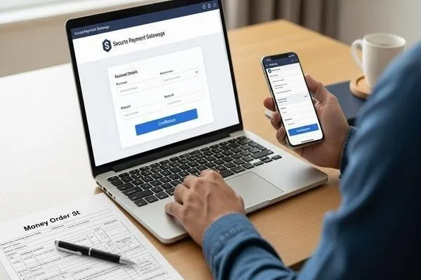 Persona administrando pagos seguros en línea y giros postales

