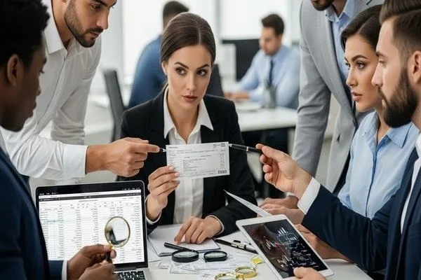 Expertos financieros que realizan una verificación avanzada de una orden de pago 
