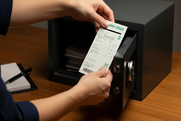 Guardar de forma segura un giro postal dentro de una caja fuerte personal
