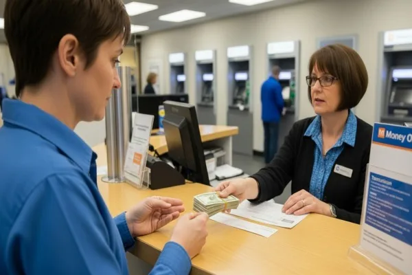 Customer cashing money order at bank counter
