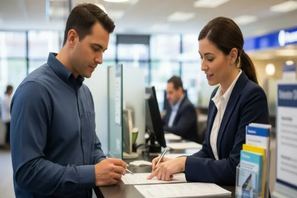  Bank employee guiding customer step by step money order
