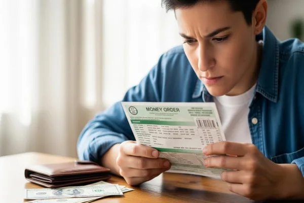 Person reviewing money order details for safety precautions
