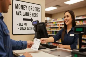 Cajero entregando un giro postal a un cliente en la caja